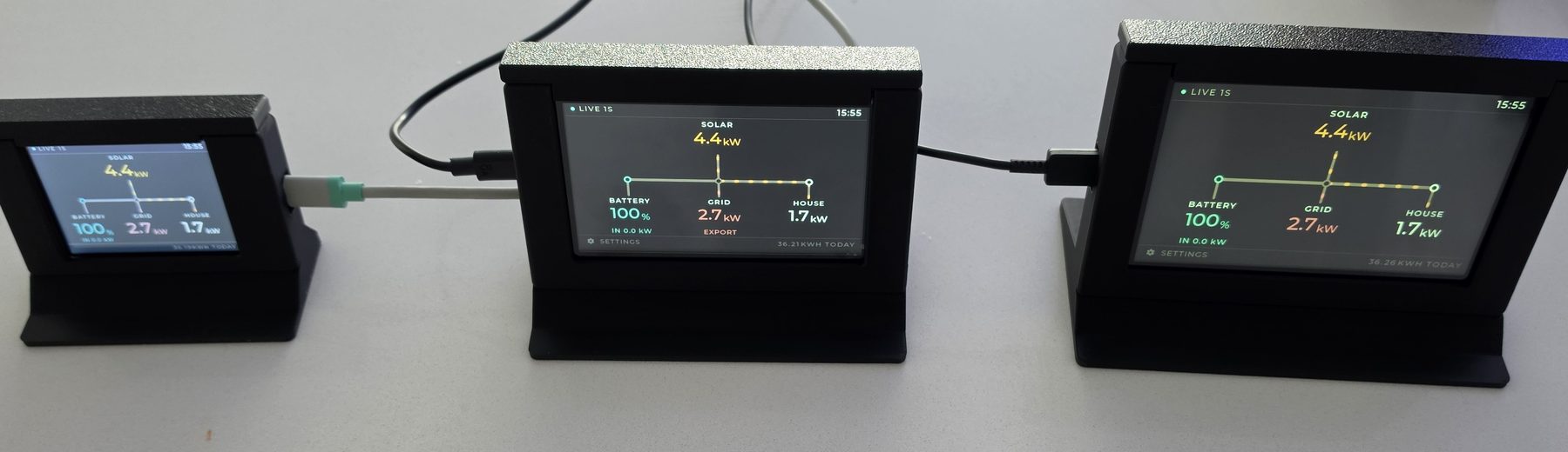 The 2.8-inch, 4.3-inch and 5-inch SigBuddy side by side on a bench, smallest to largest, all three showing the same reading at 15:55 — solar 4.4 kW, battery 100 percent, 2.7 kW exporting to the grid and house 1.7 kW.