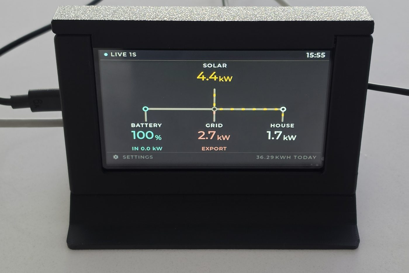 The 4.3-inch SigBuddy in a black printed case and stand, showing solar 4.4 kW, battery 100 percent, 2.7 kW exporting to the grid and house 1.7 kW.